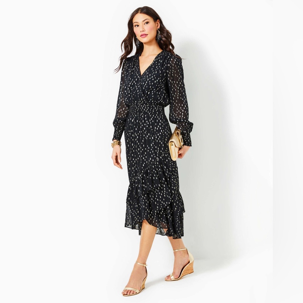 Lilly Pulitzer Cristiana Midi Dress Black Metallic Clip Dobby